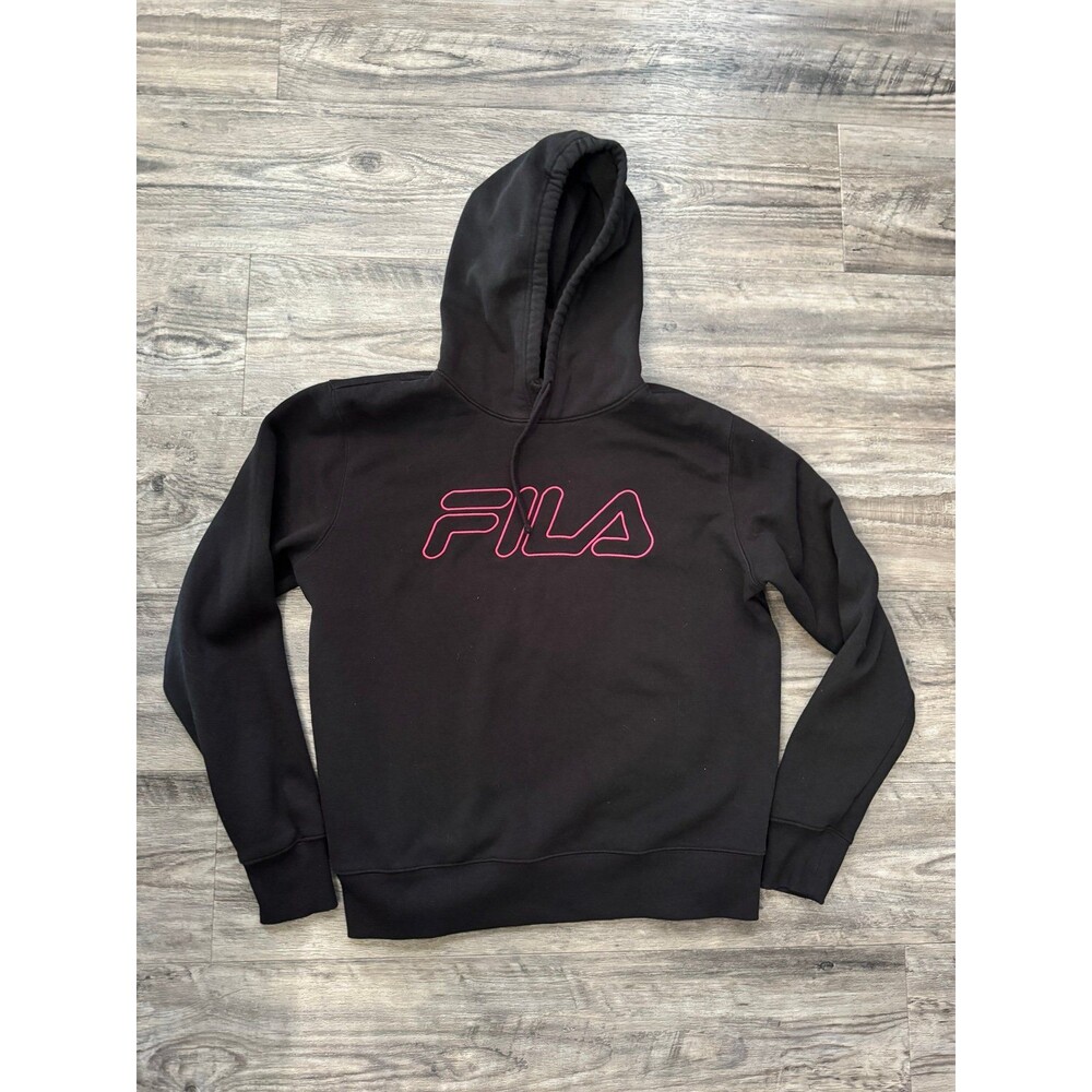 Fila Women's Midweight Fleece Pullover Logo Hoodie in black with a pink logo. M